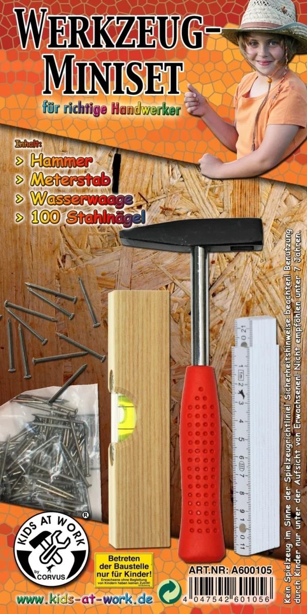 kids-at-wordk-kleine-timmerset2 Kids at work Gereedschap voor kinderen Gereedschapsset klein - 4-delig
