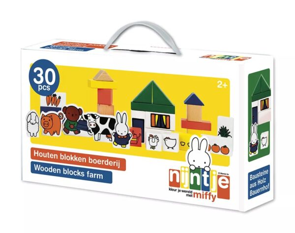 Houten boerderij Nijntje Nijntje houten blokken boerderij - 28 delig peuter speelset met boerderijdieren, bouwblokken Bambolino Toys