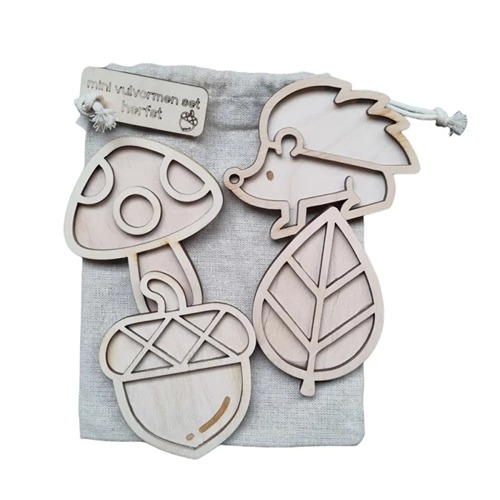 Vulvormenset herfst Linnen opbergzakje met houten vulvorm Eikel, egel, blad, paddenstoel stempel zand houten mini vulvormen, te gebruiken met magisch zand en o.a. speelrijst voor sensorisch spel in thema herfst