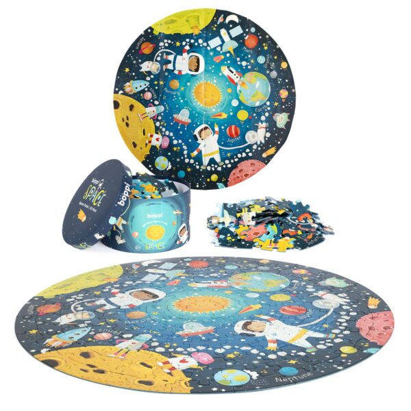 Ronde 4RWD puzzel met ruimtevaartthema – planeten, raketten en sterren