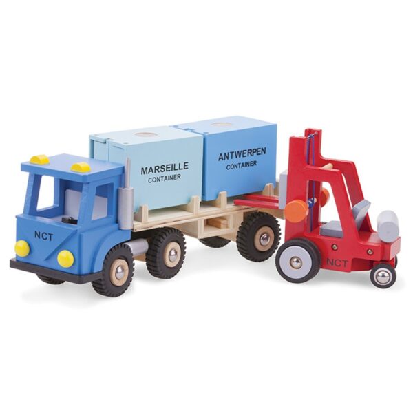 New Classic Toys heftruck met houten pallet – speelgoedvoertuig haalt container van vrachtwagen