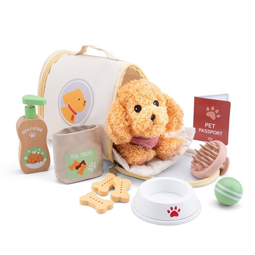 woet-knuffel-hond-verzorgingsset-speelgoed-houten-rollenspel-het-speellab Woet knuffelhond in draagtas met accessoires – Het Speellab