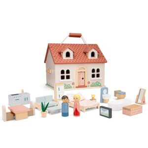 woet-poppenhuis-dicht-met-meubels-voorop foto Woet poppenhuis inclusief twee houten poppetjes