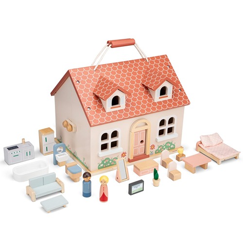 woet-poppenhuisdichtgeklapt-met-houten-poppetjes-meubeld-eromheen Woet houten draagbaar poppenhuis voor kinderen – Het Speellab