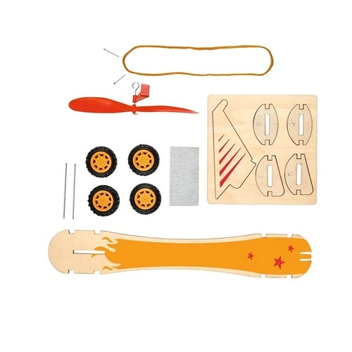 Onderdelen en bouwproces PhänoMINT elastiek auto houten STEM speelgoed bij Het Speellab