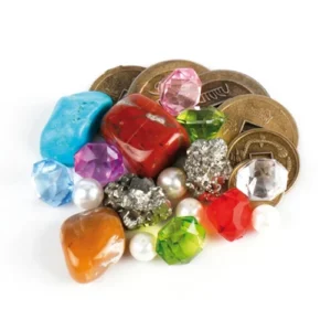 Piratenschat bestaande uit steentjes diamantjes en munten. Open einde en geschikt voor sensorisch speeltafel